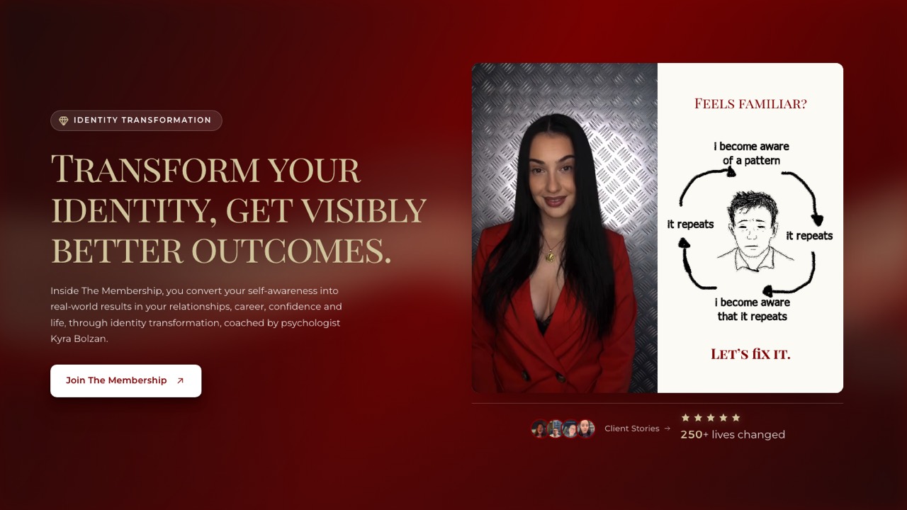 Kyra Bolzan membership landing page with a deep red hero and the headline about transforming your identity