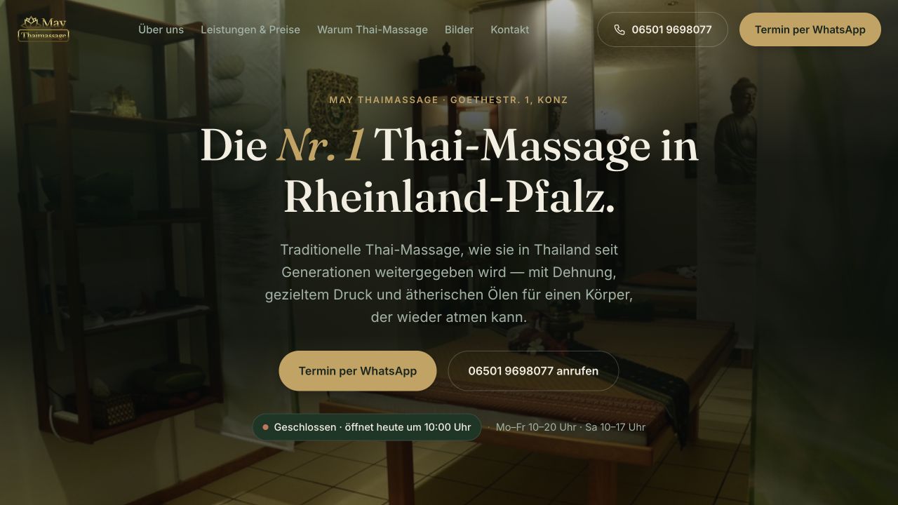 MAY Thaimassage Konz homepage with its massage studio and gold typography